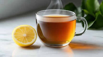 Warm Cup of Tea with Fresh Lemon Slice Inviting Relaxation and Comfort