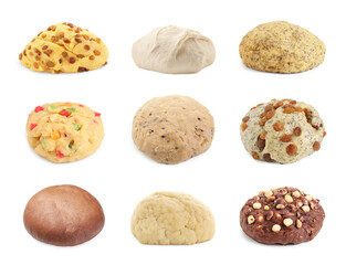 Different types of dough isolated on white, set