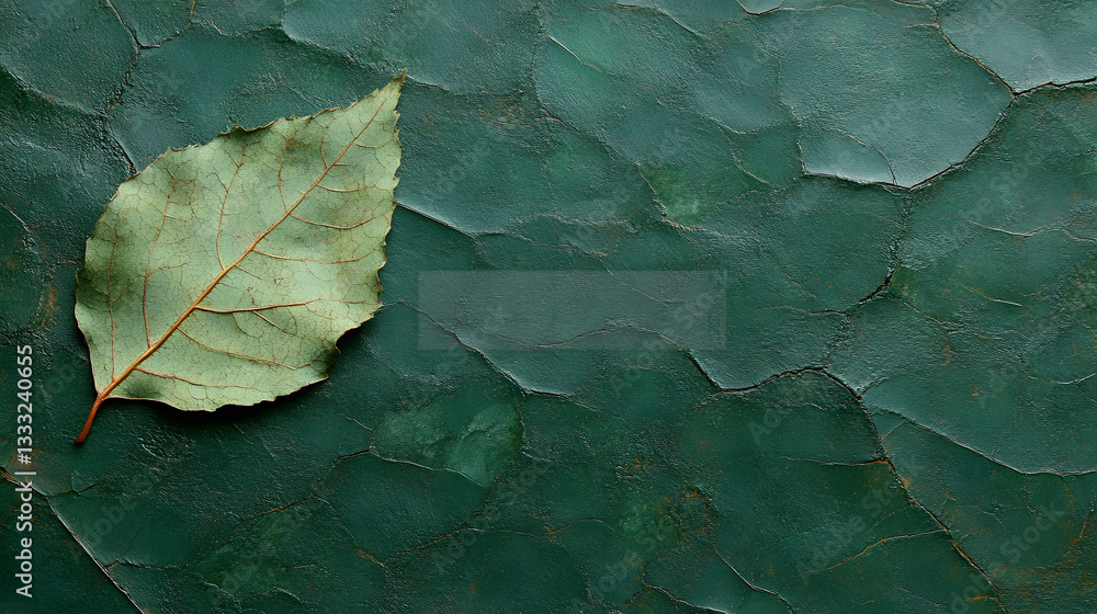 Poster green leaf on textured dark green background with unique patterns