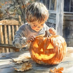 Moonlight Detailed Watercolor View Carving Pumpkin