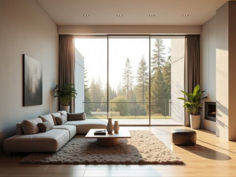 Sala de estar moderna con muebles elegantes, ventanas de piso a techo y luz solar suave y c&aacute;lida