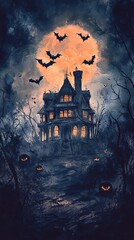 Household Watercolor Scene Overview Halloween Moonlit