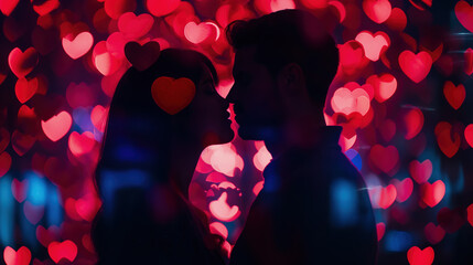 A couple in love surrounded by hearts. Use for Valentine's Day, romance and personal themes.