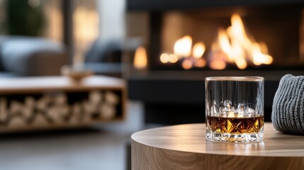 Elegant Glass of Whiskey on Table with Cozy Fireplace Ambiance