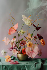 Artistic floral arrangement with pastel anthuriums and delicate flowers in a ceramic vase