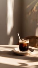 Glass of iced coffee on table in warm sunlight with cozy interior background