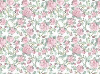 Abstract and geometric rose flowers pattern. Hand drawn flowers and leaves seamless design.