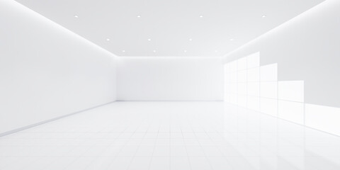 Fototapeta premium 3d rendering of blur background or blur white empty space in room include tile floor in perspective view, light of window. Modern luxury interior home design of living room look clean, bright, shiny.