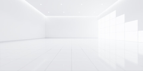 3d rendering of blur background or blur white empty space in room include tile floor in perspective view, light of window. Modern luxury interior home design of living room look clean, bright, shiny.
