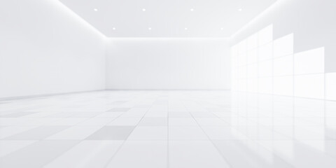 3d rendering of blur background or blur white empty space in room include tile floor in perspective view, light of window. Modern luxury interior home design of living room look clean, bright, shiny.
