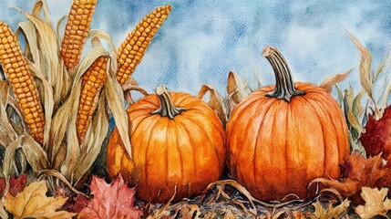Generic Vibrant Watercolor View Pumpkins Corn Thanksgiving