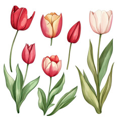 Fototapeta premium Elegant watercolor tulip illustrations in various stages of bloom
