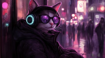 Naklejka premium Urban feline cool cat with headphones and sunglasses in city rain a cyberpunk illustration showcasing city life and feline style
