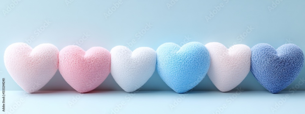 Poster a colorful display of plush hearts in soft pastels on a serene background