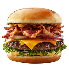 A Juicy Double Cheeseburger with Bacon and Crispy Onion Isolated on Transparent Background