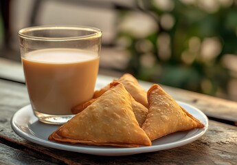 Delicious crispy samosas served on a white plate next to a glass of creamy chai tea on a rustic wooden table in soft natural light