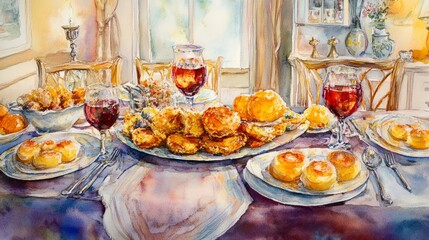 Generic Vibrant Watercolor Scene Hanukkah Cozy Kitchen