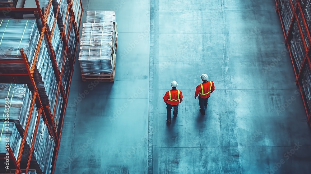 Poster high-angle view of warehouse manager and foreman checking stock in a minimalist warehouse with clean