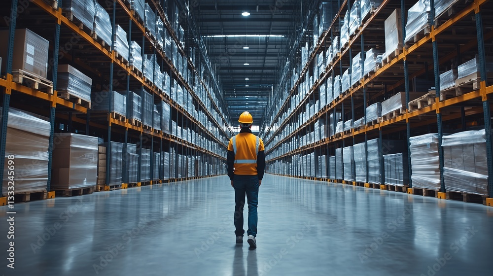 Poster warehouse worker in hard hat walking through storage racks in a spacious, minimalist warehouse with 