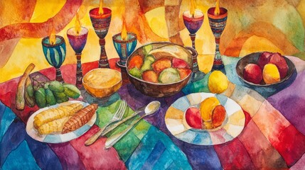 Food Vibrant Watercolor Moment Feast Table Traditional