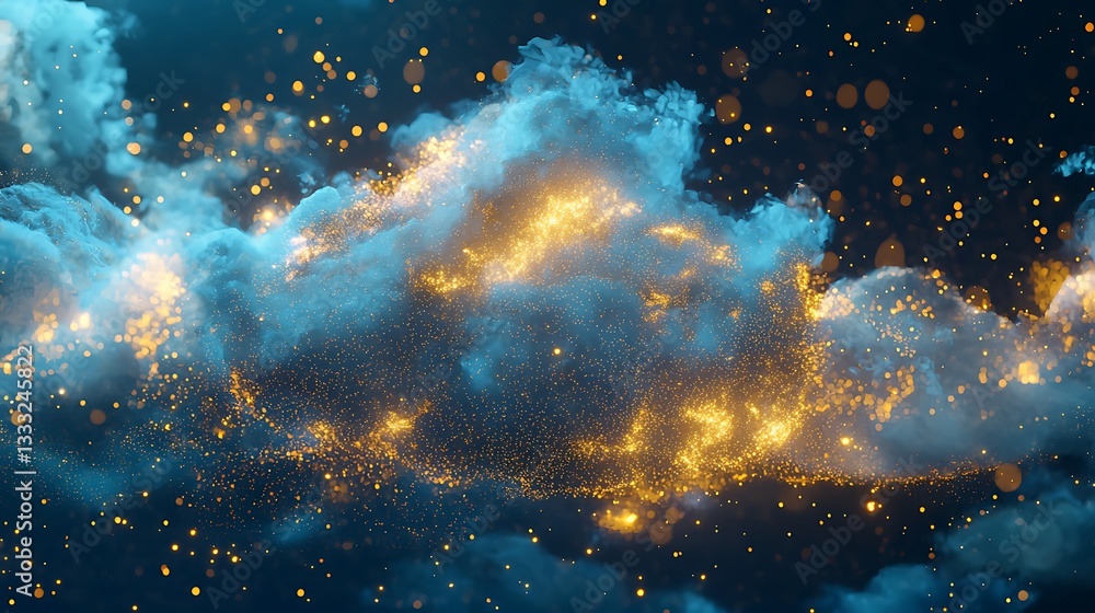 Wall mural digital futuristic cloud with code and blue golden data flow effect