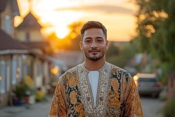 Fototapeta premium Smiling Man in Embroidered Shirt, Sunset Street View