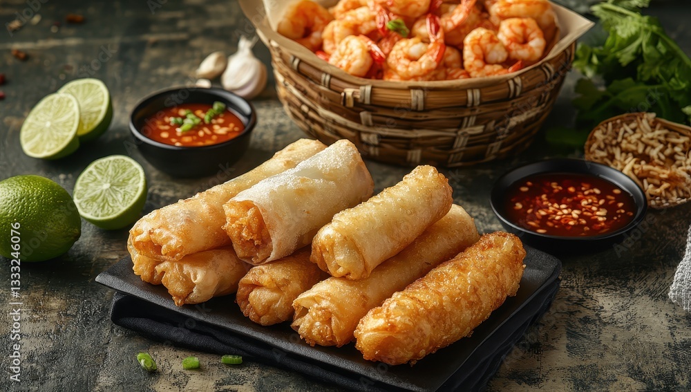 Poster delicious crispy spring rolls served with fresh ingredients and dipping sauces on rustic table with 