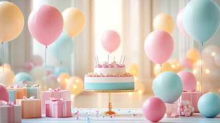 Pastel Balloons Floating in a Decorated Birthday Party Room, Surrounded by Gift Boxes, a Cake Table, and Warm Lighting Creating a Vibrant Celebration Mood