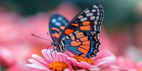 Fototapeta premium Colorful butterfly feeding on pink flower in sunny spring landscape