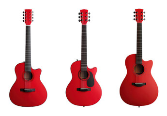 Naklejka premium Trio of vibrant red acoustic guitars in various angles