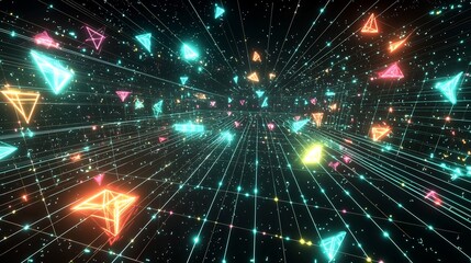 Fototapeta premium Deep space cyberspace themed display with abstract wireframe structures glowing triangular grids and floating digital data streams