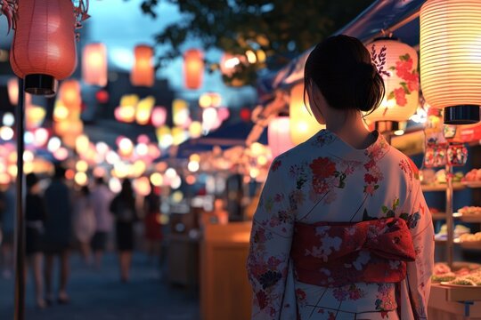 A person in traditional attire exploring a vibrant lanternlit festival at night surrounded by
