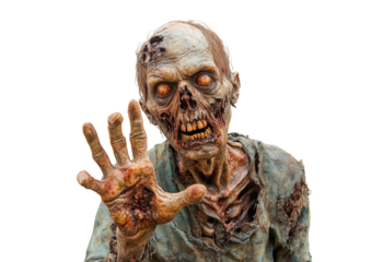 Zombie figure with decayed features and outstretched hand isolated on transparent background