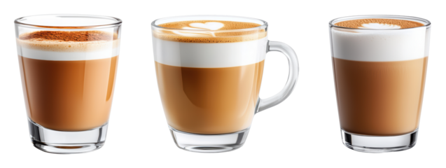 Assorted coffee drinks with latte art on a black background