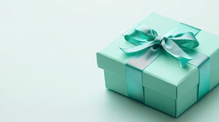 Fototapeta premium Light Teal Gift Box with Patterned Ribbon on Textured Background