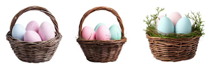 Colorful Easter eggs in decorative baskets