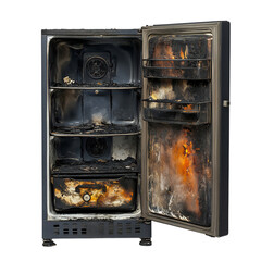 Burnt Out Black Refrigerator with Flames Inside Isolated on Transparent Background