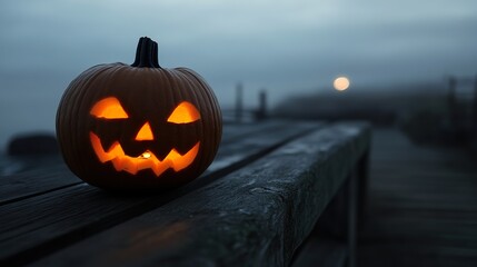Evil-faced pumpkin in misty coastal night, radiating eerie drama and haunting atmosphere.