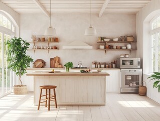 A bright and airy interior photograph of a modern kitchen