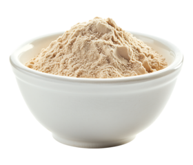  Korean barley malt powder (yeotgireum) in a white ceramic bowl on transparent background
