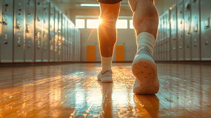 Male Athlete Walking Through Locker Room with Sunrise Reflection