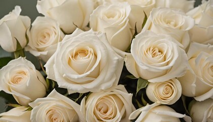 A stunning collection of fresh white roses arranged beautifully, showcasing their soft petals and enchanting fragrance. Perfect for any special occasion or as a heartfelt gift Generative AI