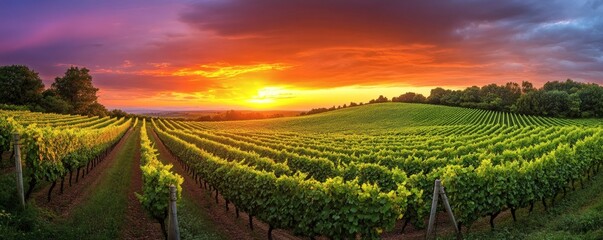 Fototapeta premium A beautiful vineyard at sunset with rows of thriving grape vines