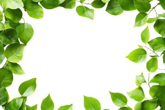 Fresh green tea leaves on transparent background creating natural border