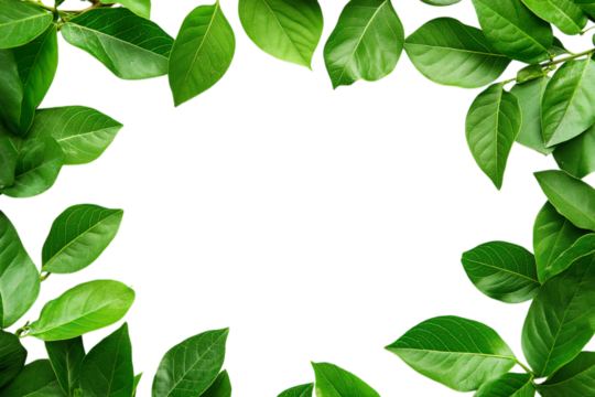 Fresh green tea leaves on transparent background creating natural border