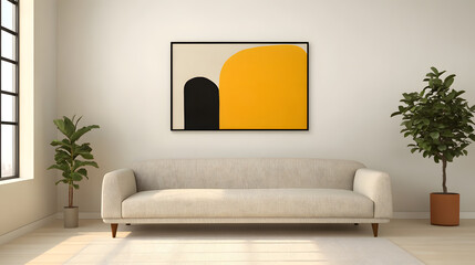 Modern Living Room with Yellow Abstract Art and Stylish Furniture