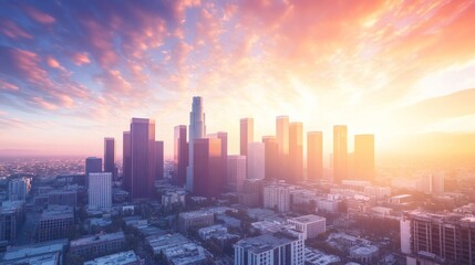 Modern Cityscape under a colorful evening sky with radiant sunlight
