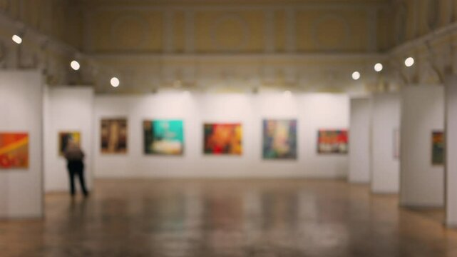 Blurred view of people walking through the National Museum of Fine Arts in Chisinau, Moldova