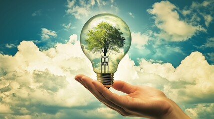 Hand holding a light bulb with nature in the background symbolizing the importance energy efficiency