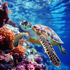 Underwater Close-up Turtle Scene Swimming Coral Colors